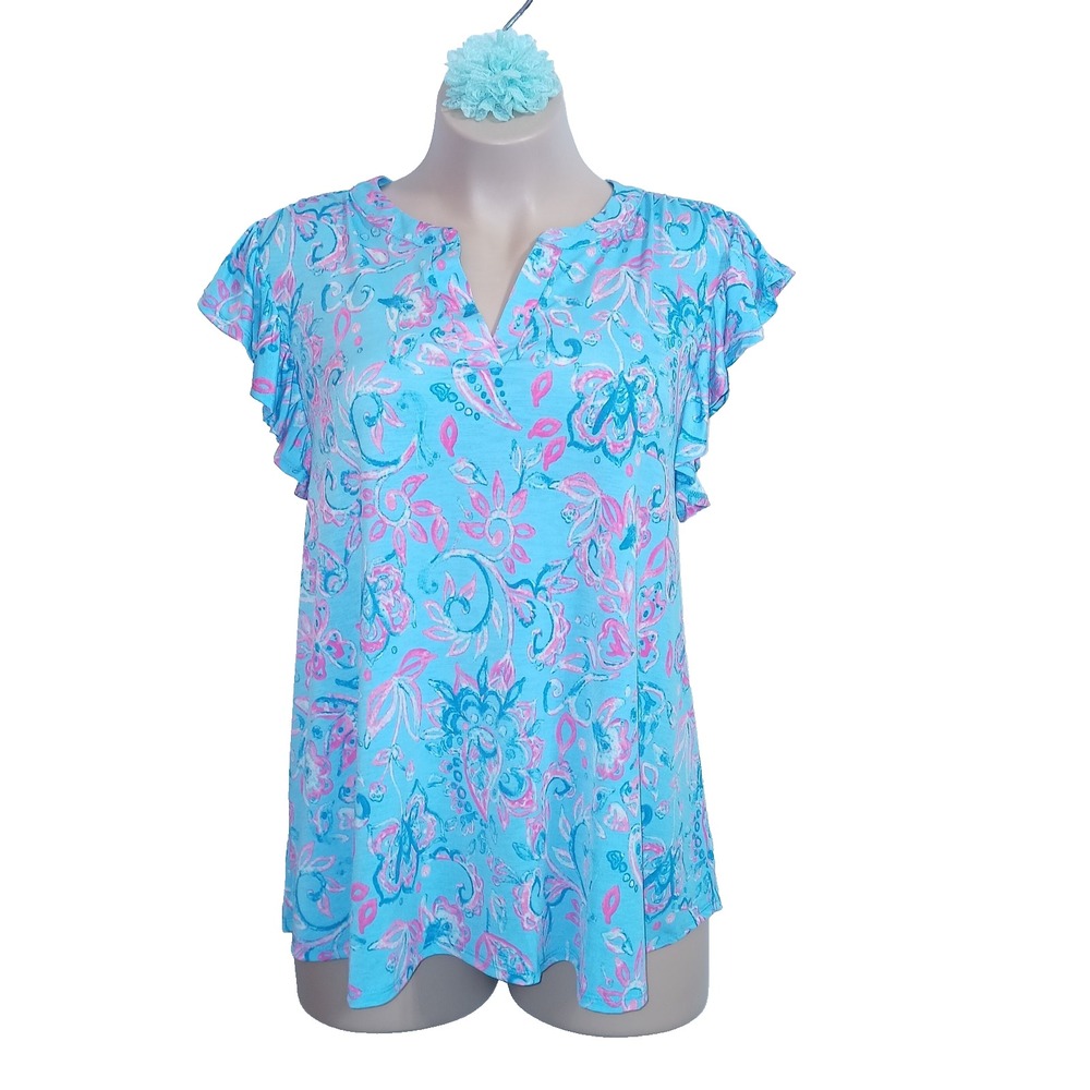 Dear Scarlett Lizzy Women Wrinkle Free Top 3X Blue Pink Floral Paisley Flutter